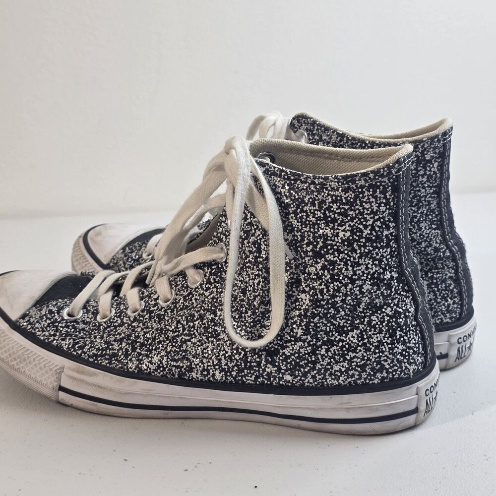 Converse Platform High Top Sneakers Chuck Taylor Glittery Silver Black Womens 9 - Picture 4 of 8